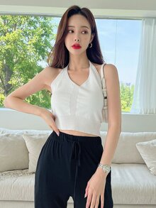 DAZY Top halter corto tejido de canalé - Blanco - Ver 7