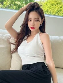 DAZY Top halter corto tejido de canalé - Blanco - Ver 8