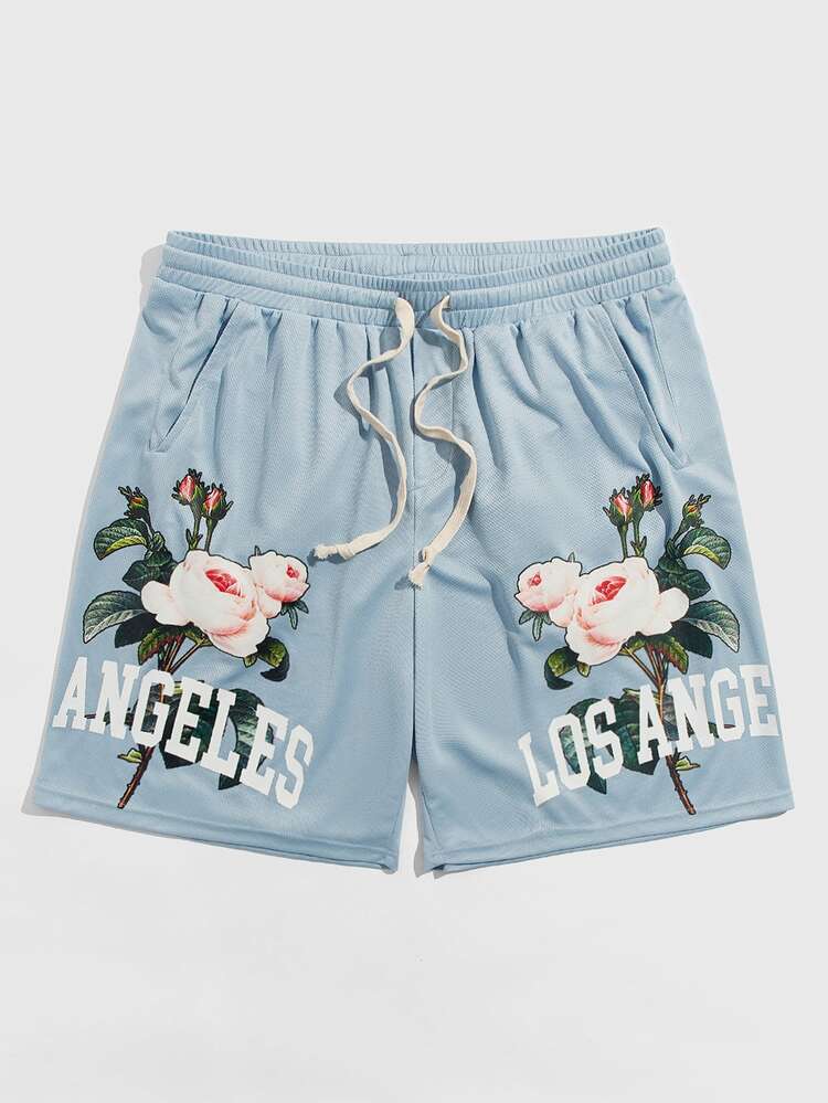 Men's Loose Fit Drawstring Waist Shorts With Floral And Letter Prints