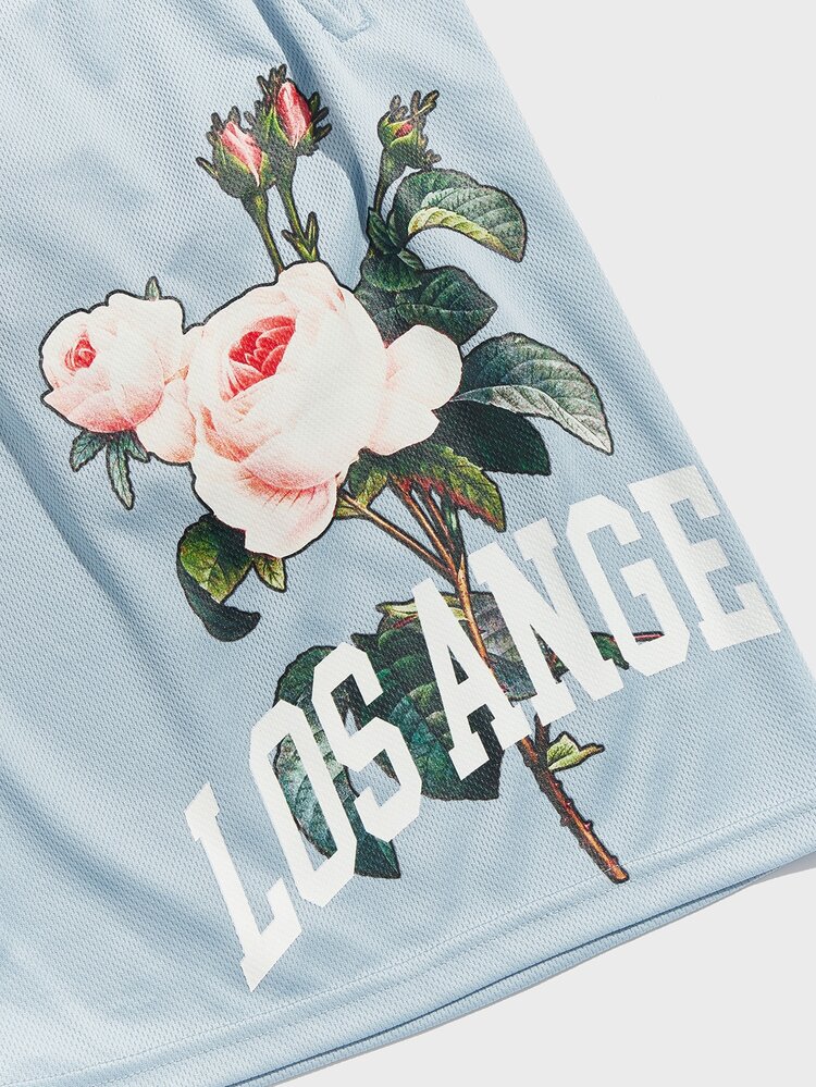 Men's Loose Fit Drawstring Waist Shorts With Floral And Letter Prints