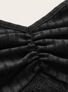 SHEIN EZwear Plus Contrast Lace Ruched Halter Top - Black - View 3