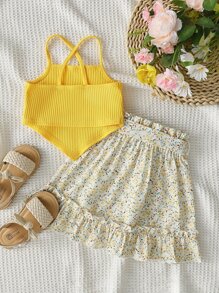 SHEIN Vintaside Kids Đứa bé gái Viền khăn tay Cami ngọn & In hoa Ditsy Nếp gấp cao eo Thắt lưng Váy - Nhiều màu - Xem 2