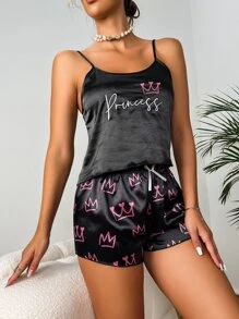 Crown & Letter Embroidered Tie Front Satin PJ Set / Pajama Set - Black - View 4