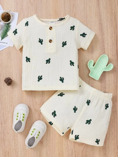Baby Boy Cactus Print Half-Buttoned T-Shirt And Shorts Casual Set, Summer