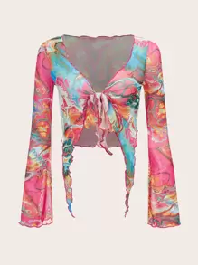 SHEIN ICON Split Sleeve Tie Front Asymmetrical Hem Graphic Print Mesh Top - Multicolor - View 1