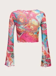 SHEIN ICON Split Sleeve Tie Front Asymmetrical Hem Graphic Print Mesh Top - Multicolor - View 2