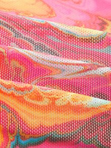 SHEIN ICON Split Sleeve Tie Front Asymmetrical Hem Graphic Print Mesh Top - Multicolor - View 3