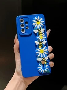 Solid Phone Case With Floral Wristband Holder - Blue - View 1