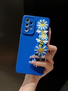 Solid Phone Case With Floral Wristband Holder - Blue - View 3