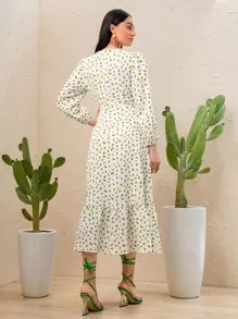 Seusyu Daisy Print Lantern Sleeve Ruffle Hem Dress - Multicolor - View 2