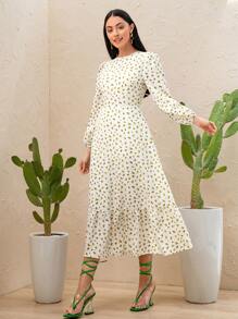 Seusyu Daisy Print Lantern Sleeve Ruffle Hem Dress - Multicolor - View 1