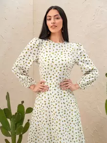 Seusyu Daisy Print Lantern Sleeve Ruffle Hem Dress - Multicolor - View 5