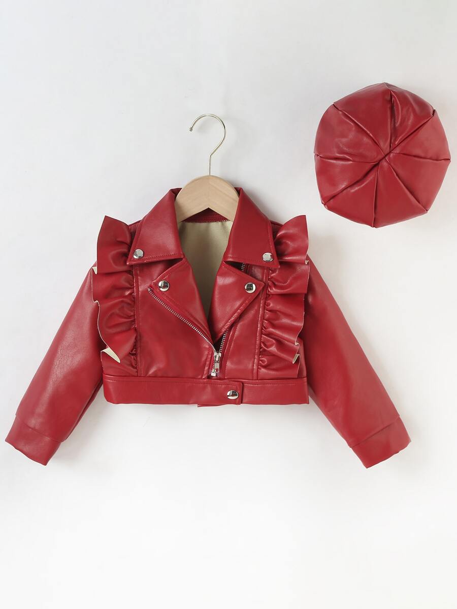 SHEIN Niñitas Cazadora de moto ribete con fruncido PU & Sombrero - Burdeos - Ver 1