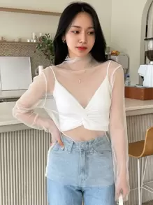 DAZY Mock Neck Mesh Sheer Blouse Without Camisole - White - View 3