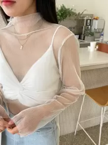 DAZY Mock Neck Mesh Sheer Blouse Without Camisole - White - View 5