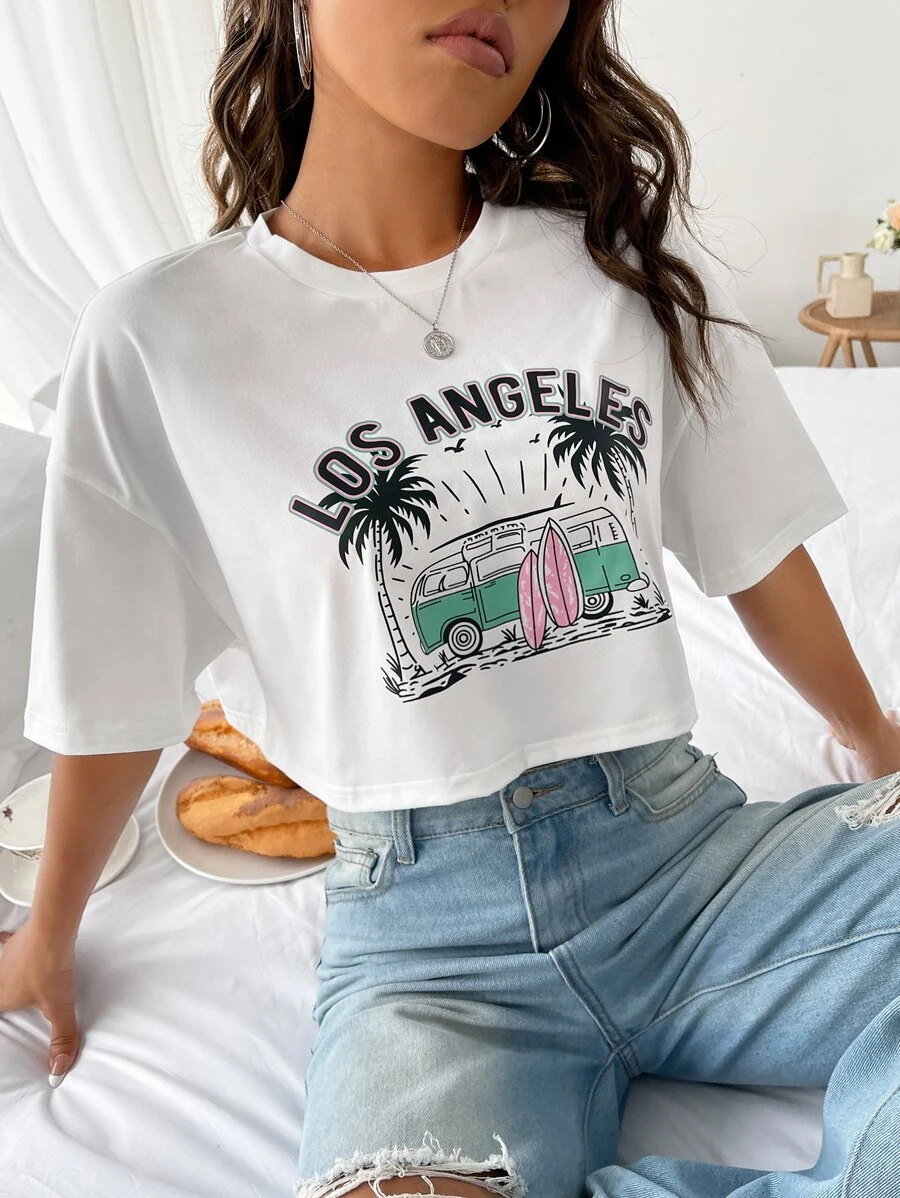 Muchica 汽車和字母圖案落肩T恤 - 白色 - 查看 1