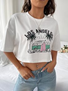 Muchica 汽車和字母圖案落肩T恤 - 白色 - 查看 4