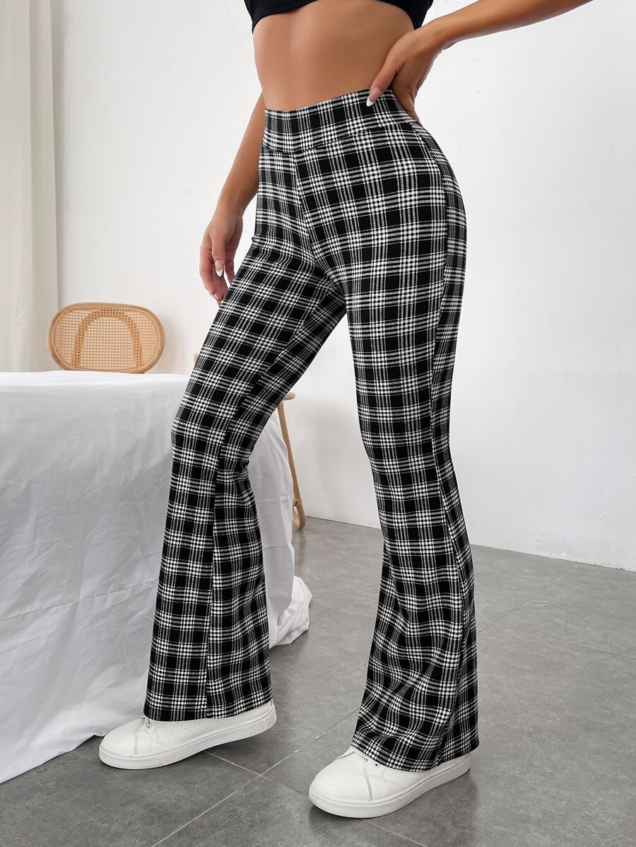 Muchica High Waist Plaid Flare Leg Trousers - Black and White - View 1
