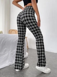 Muchica High Waist Plaid Flare Leg Trousers - Black and White - View 2