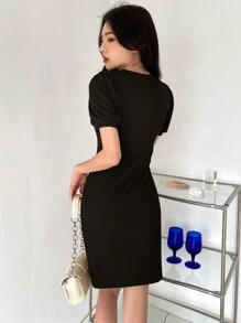 DAZY Vestido Sólido De Punto De Costilla Con Manga Abultada - Negro - Ver 3