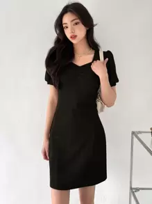 DAZY Vestido Sólido De Punto De Costilla Con Manga Abultada - Negro - Ver 4