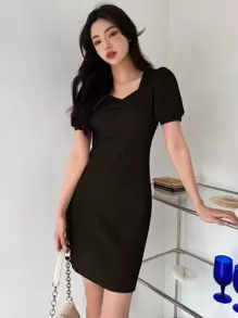 DAZY Vestido Sólido De Punto De Costilla Con Manga Abultada - Negro - Ver 5