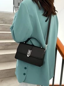 Minimalist Metal Handle Flap Square Shoulder Bag, Bag For Women Elegant, Business Casual Woman Bag Perfect For Office Business And Work - Black - View 3