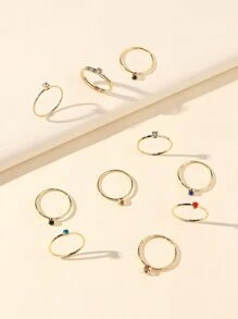 10入組水鑽裝飾戒指 - 金黃色 - 查看 2