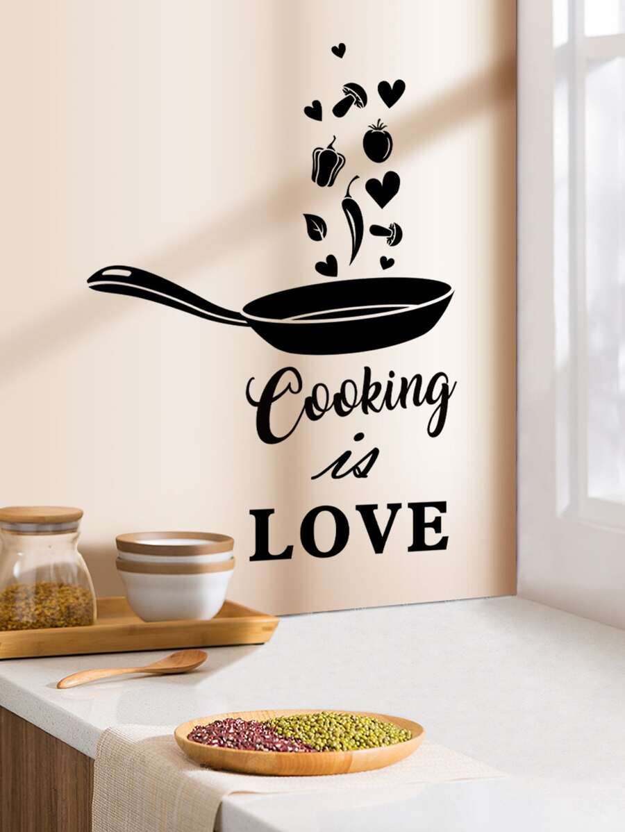 1入組PVC廚房貼紙鍋和標語圖形牆面翻新廚房貼紙 - 黑色 - 查看 1