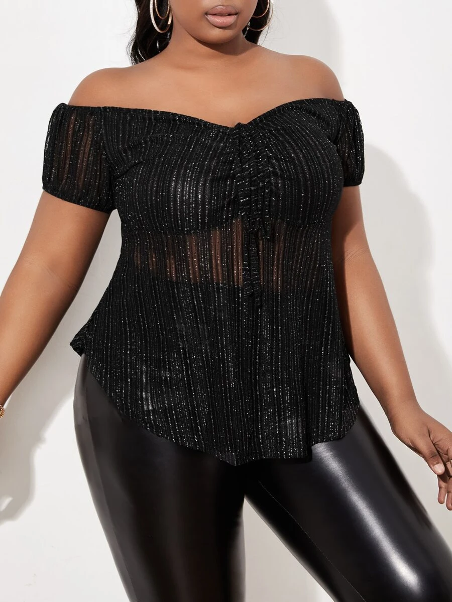 Slaydiva Plus Off Shoulder Drawstring Front Mesh Top - Black - View 1