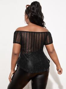 Slaydiva Plus Off Shoulder Drawstring Front Mesh Top - Black - View 2