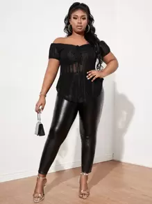 Slaydiva Plus Off Shoulder Drawstring Front Mesh Top - Black - View 4