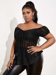 Slaydiva Plus Off Shoulder Drawstring Front Mesh Top - Black - View 5