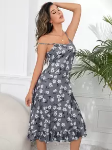 Vestido de dormir de tirantes con estampado floral bajo con fruncido - Gris - Ver 1