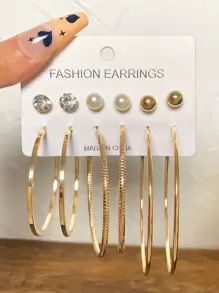 6pairs Rhinestone & Faux Pearl Decor Earrings - Yellow Gold - View 1