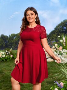 SHEIN VCAY Plus Lace Insert Flare Hem Dress - Red - View 3