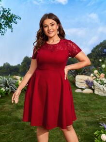 SHEIN VCAY Plus Lace Insert Flare Hem Dress - Red - View 4