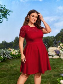 SHEIN VCAY Plus Lace Insert Flare Hem Dress - Red - View 5