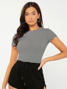 SHEIN BASICS Striped Round Neck Tee - Black and White - View 3