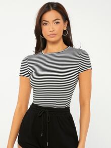 SHEIN BASICS Striped Round Neck Tee - Black and White - View 4
