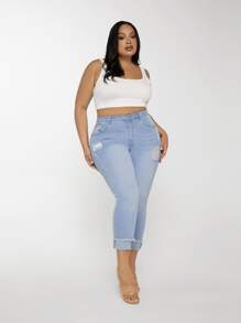 SHEIN SXY Quần Denim kích thước lớn Túi Hem thô Bị tách màu trơn - Rửa nhẹ - Xem 3