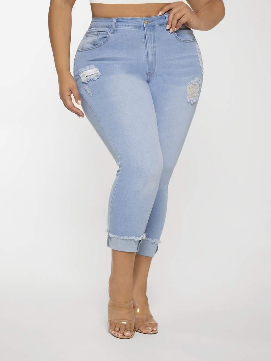 SHEIN SXY Quần Denim kích thước lớn Túi Hem thô Bị tách màu trơn - Rửa nhẹ - Xem 1