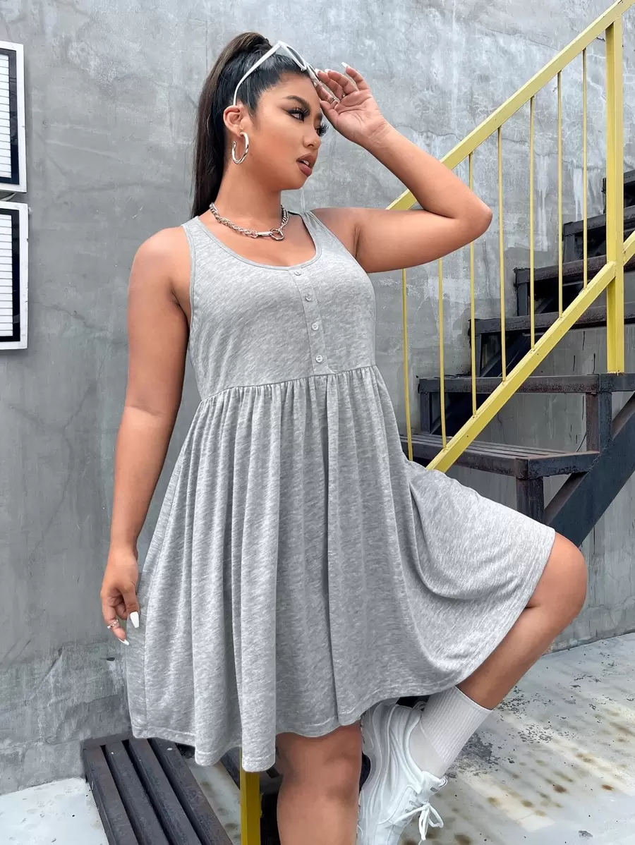 SHEIN EZwear 大碼假鈕扣A字洋裝 - 淺灰色 - 查看 1