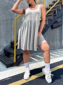 SHEIN EZwear 大碼假鈕扣A字洋裝 - 淺灰色 - 查看 3