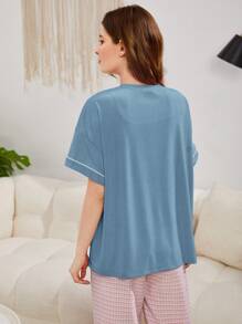 SHEIN Unity Áo giản dị Nữ Tương phản ràng buộc Hoạt hình Slogan Dễ thương - Màu xanh bụi bặm - Xem 2