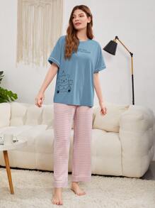 SHEIN Unity Áo giản dị Nữ Tương phản ràng buộc Hoạt hình Slogan Dễ thương - Màu xanh bụi bặm - Xem 3
