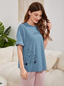 SHEIN Unity Áo giản dị Nữ Tương phản ràng buộc Hoạt hình Slogan Dễ thương - Màu xanh bụi bặm - Xem 6