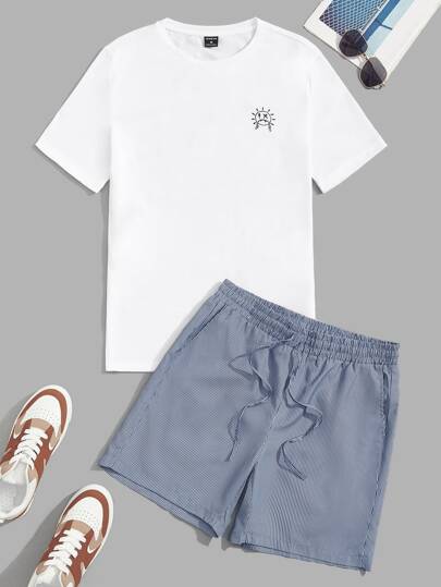 Guys Expression Print Tee & Vertical Striped Drawstring Waist Shorts