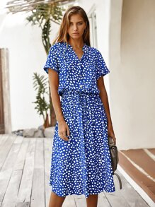 Breezaya Dalmatian Print Drawstring Waist A-line Dress - Royal Blue - View 1