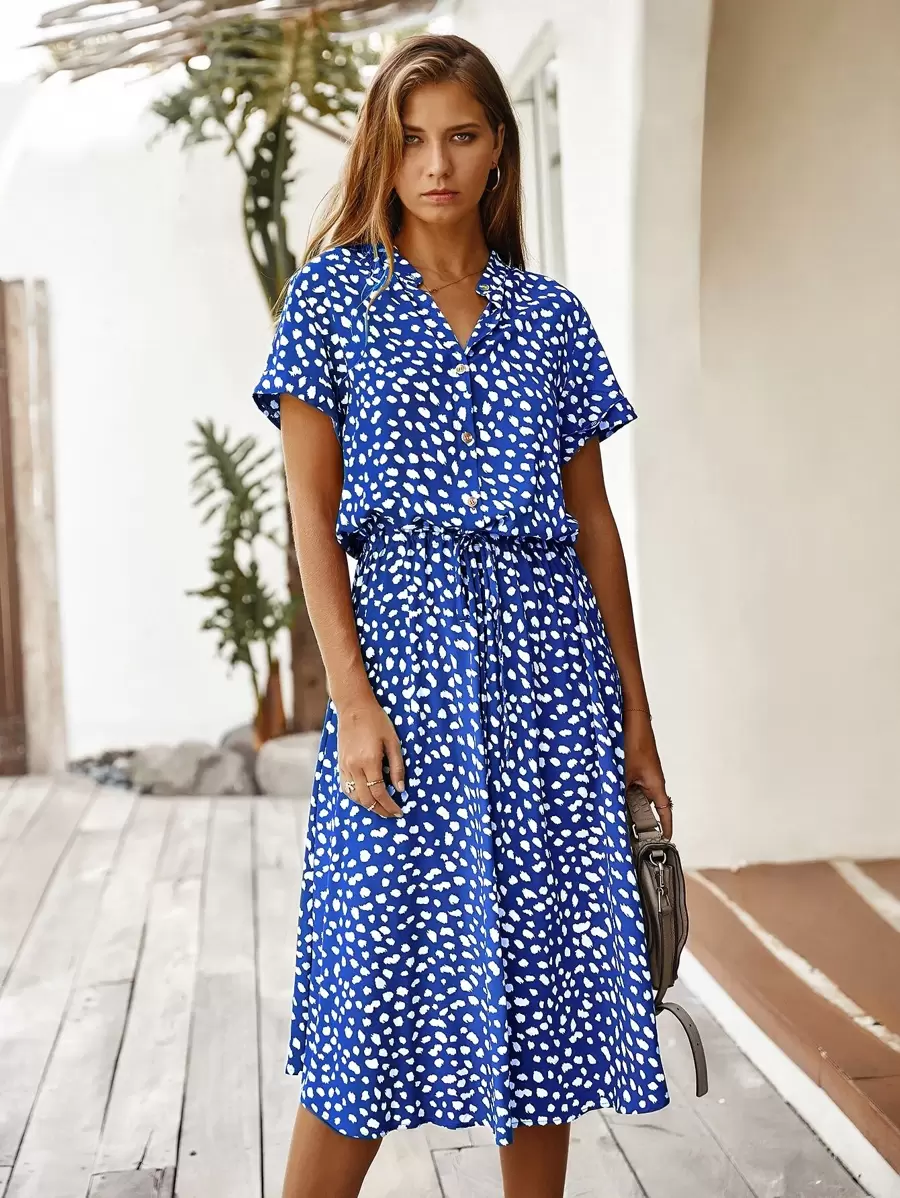 Breezaya Dalmatian Print Drawstring Waist A-line Dress - Royal Blue - View 1